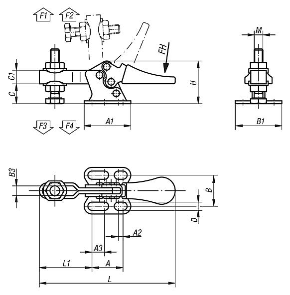 Mini sauterelle à levier horizontal avec embase horizontale et broche de pression réglable