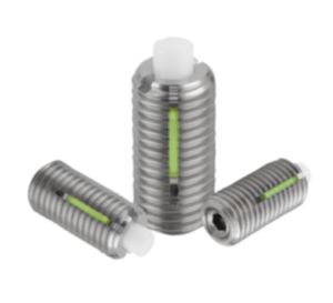 Spring plungers with hex socket and flat POM thrust pin, stainless steel, with thread lock Spring plungers with hex socket and flat POM thrust pin, stainless steel, with thread lock