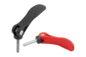 Levier à serrage rapide réglable en plastique avec filetage, rondelle de pression en plastique et goujon fileté en acier ou en inox Levier à serrage rapide réglable en plastique avec filetage, rondelle de pression en plastique et goujon fileté en acier ou en inox