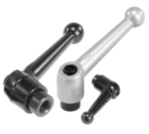 Clamping levers, die-cast zinc with internal thread, black and silver, threaded insert black oxidised steel Clamping levers, die-cast zinc with internal thread, black and silver, threaded insert black oxidised steel