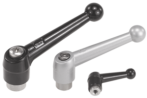 Clamping levers, die-cast zinc with internal thread, black and silver, threaded insert stainless steel Clamping levers, die-cast zinc with internal thread, black and silver, threaded insert stainless steel