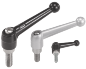Manettes indexables en zinc injecté haute pression avec filetage, noires et argent, insert fileté en inox Manettes indexables en zinc injecté haute pression avec filetage, noires et argent, insert fileté en inox