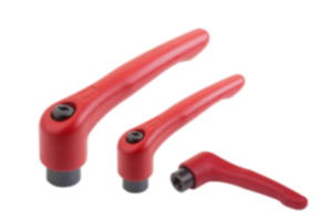 Manettes indexables en acier, avec taraudage, rouge rubis, insert fileté en acier bruni Manettes indexables en acier, avec taraudage, rouge rubis, insert fileté en acier bruni