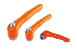 Manettes indexables en zinc injecté haute pression avec taraudage et bouchon de protection, satinées mates orange vif, insert fileté en inox Manettes indexables en zinc injecté haute pression avec taraudage et bouchon de protection, satinées mates orange vif, insert fileté en inox