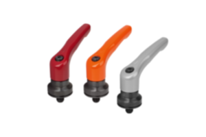 Manettes indexables en zinc injecté haute pression avec filetage et palier anti-friction, satinées mates, insert fileté en acier bruni Manettes indexables en zinc injecté haute pression avec filetage et palier anti-friction, satinées mates, insert fileté en acier bruni