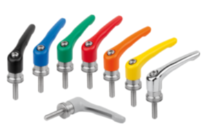 Clamping levers, die-cast zinc with external thread and clamping force intensifier, threaded insert stainless steel Clamping levers, die-cast zinc with external thread and clamping force intensifier, threaded insert stainless steel