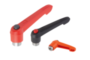 Clamping levers, plastic with internal thread and push button, threaded insert stainless steel Clamping levers, plastic with internal thread and push button, threaded insert stainless steel