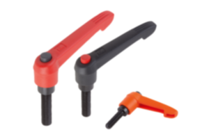 Manette indexable en plastique avec filetage et bouton-pression, insert fileté en acier bruni Manette indexable en plastique avec filetage et bouton-pression, insert fileté en acier bruni