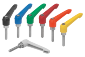 Manettes indexables en plastique, avec filetage et anneau denté en zinc, insert fileté en inox Manettes indexables en plastique, avec filetage et anneau denté en zinc, insert fileté en inox