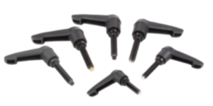 Manette indexable en plastique avec filetage et doigt d'appui, insert fileté en acier bruni Manette indexable en plastique avec filetage et doigt d'appui, insert fileté en acier bruni