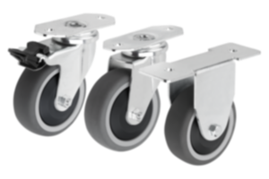 Swivel and fixed equipment castors, steel with TPU tread, electrically conductive for aluminium profiles Swivel and fixed equipment castors, steel with TPU tread, electrically conductive for aluminium profiles