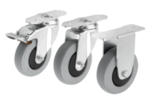 Swivel and fixed equipment castors, steel with elastic solid rubber tread, for aluminium profiles Swivel and fixed equipment castors, steel with elastic solid rubber tread, for aluminium profiles