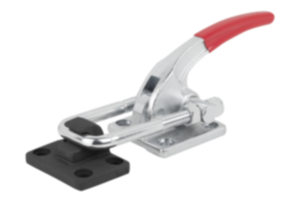 Sauterelle à étrier en acier ou en inox, horizontale, modèle lourd avec contre-butée, poignée en plastique rouge Sauterelle à étrier en acier ou en inox, horizontale, modèle lourd avec contre-butée, poignée en plastique rouge