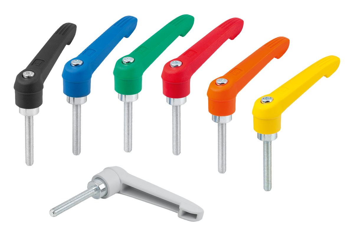 Manette indexable en plastique filetée, pièces en acier zingué passivé bleu