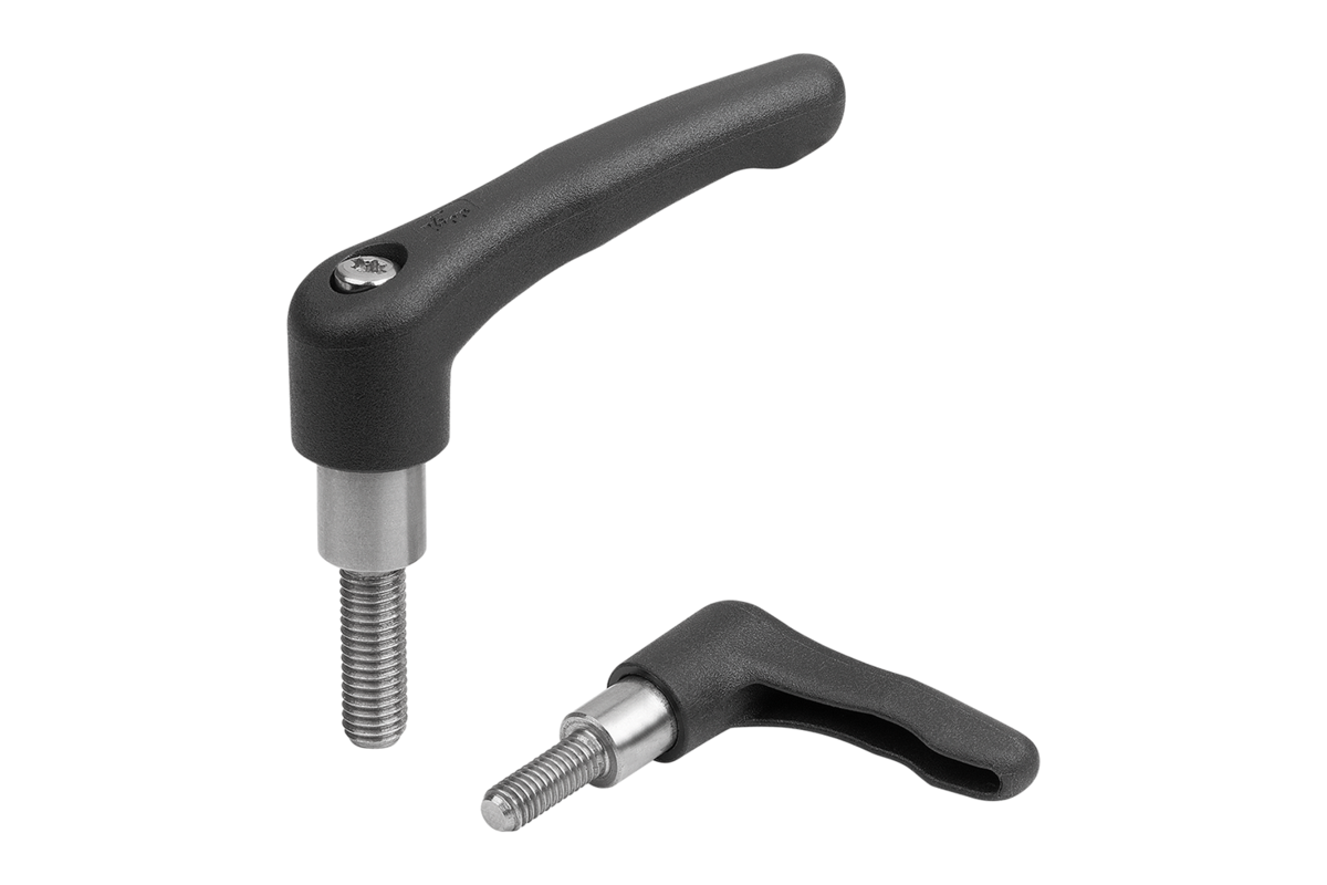 Manette indexable en plastique à collerette allongée avec filetage, pièces en inox