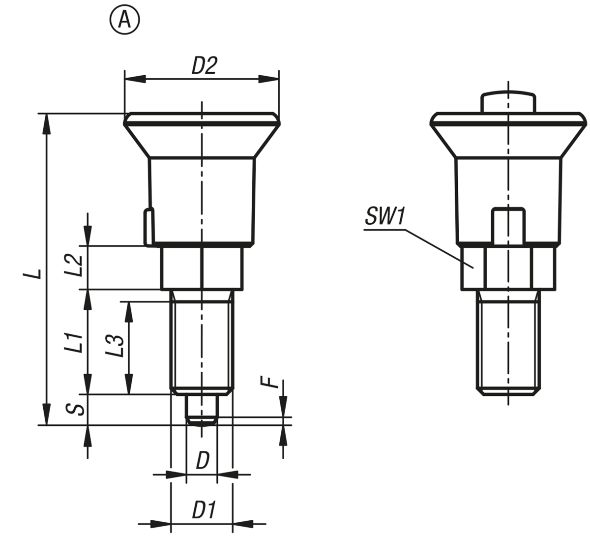 Doigt d'indexage en acier ou en inox avec bouton de manœuvre en plastique et verrouillage