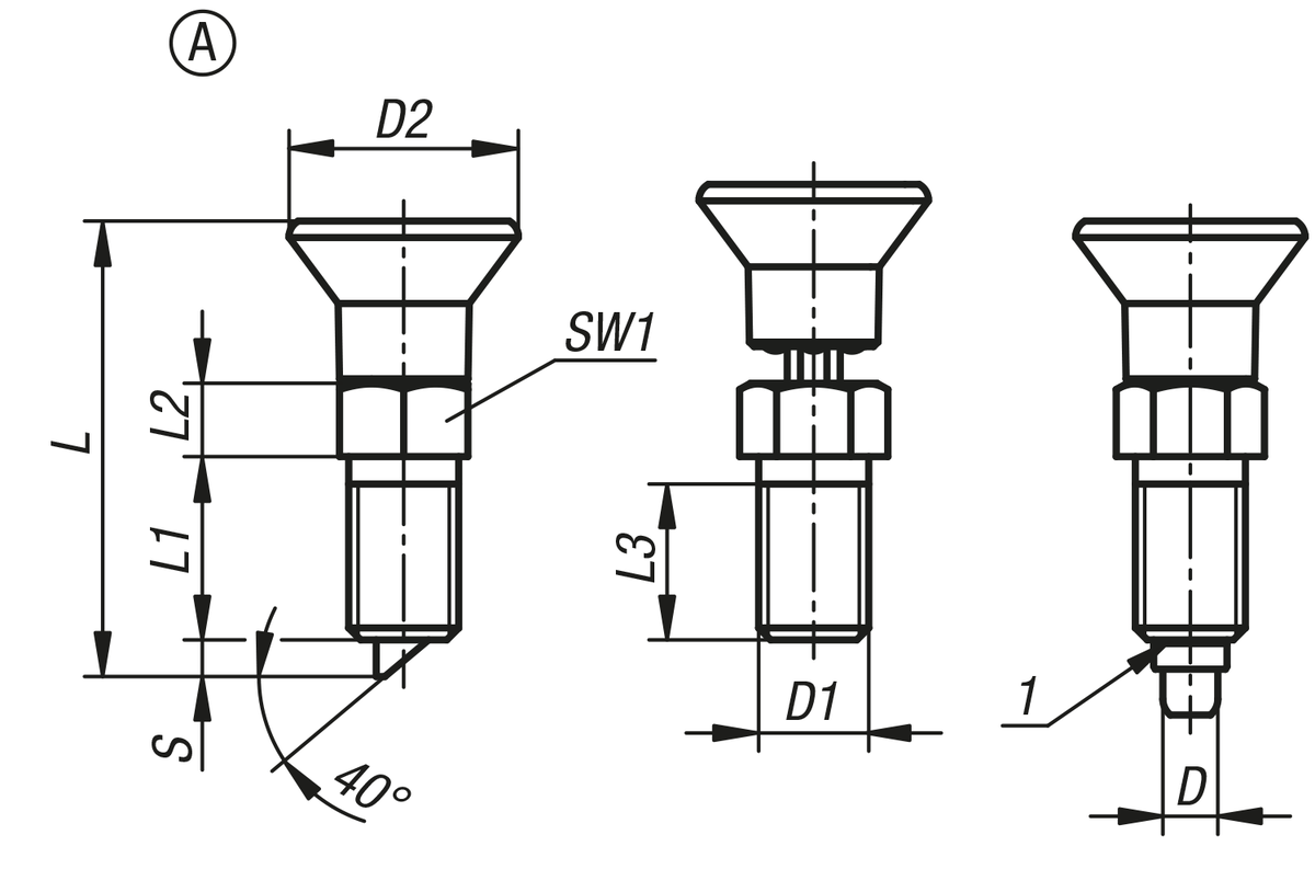 Doigt d'indexage en acier ou en inox avec bouton de manœuvre en plastique, protection anti-rotation et chanfrein d'introduction