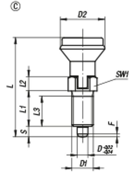 Doigt d'indexage en acier ou en inox avec bouton de manœuvre en plastique et encoche d'arrêt