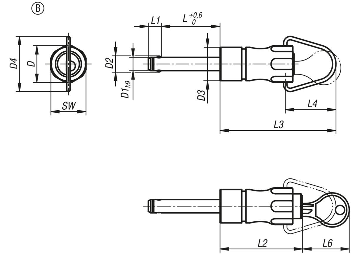 Goupille d'arrêt en inox verrouillable, forme B, avec creux de poignée et bague