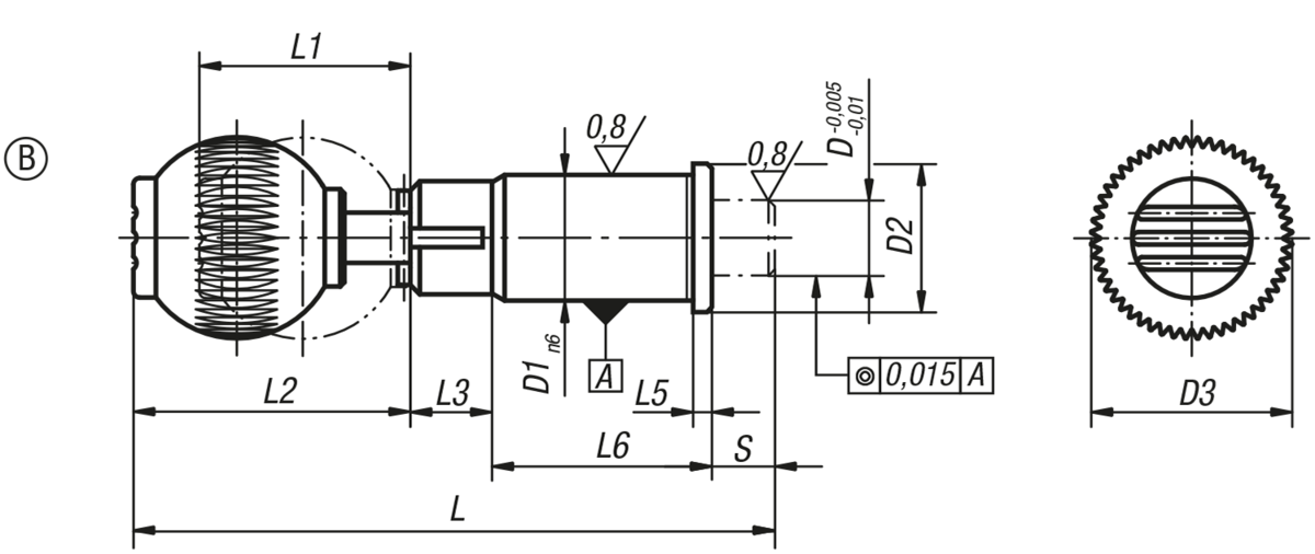 Doigt d'indexage de précision avec doigt d'arrêt cylindrique, forme B, verrouillable