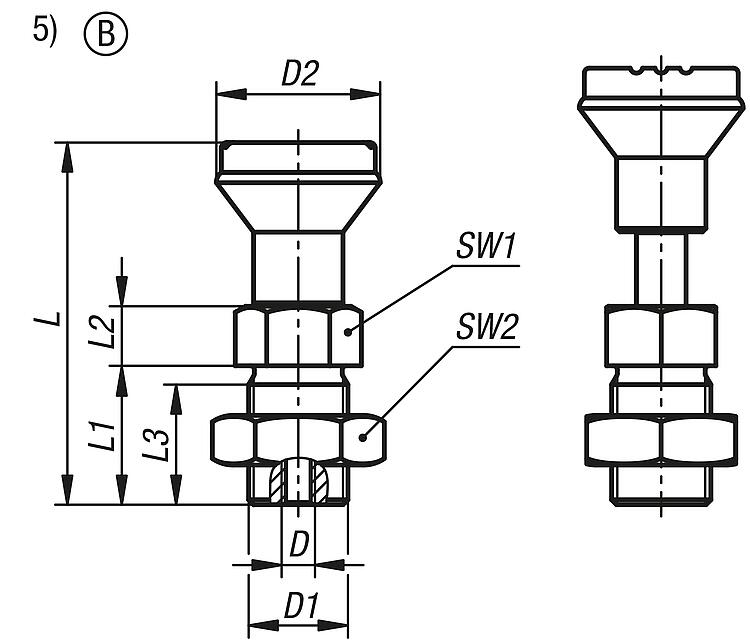 Doigt d'indexage avec blocage et écrou en acier inoxydable M16x1,5, bouton  moleté en polyamide
