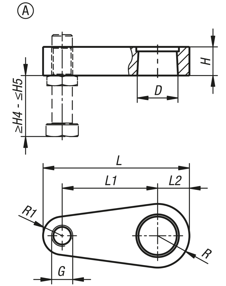 Bras de serrage pour vérin de bridage pivotant hydraulique, forme A