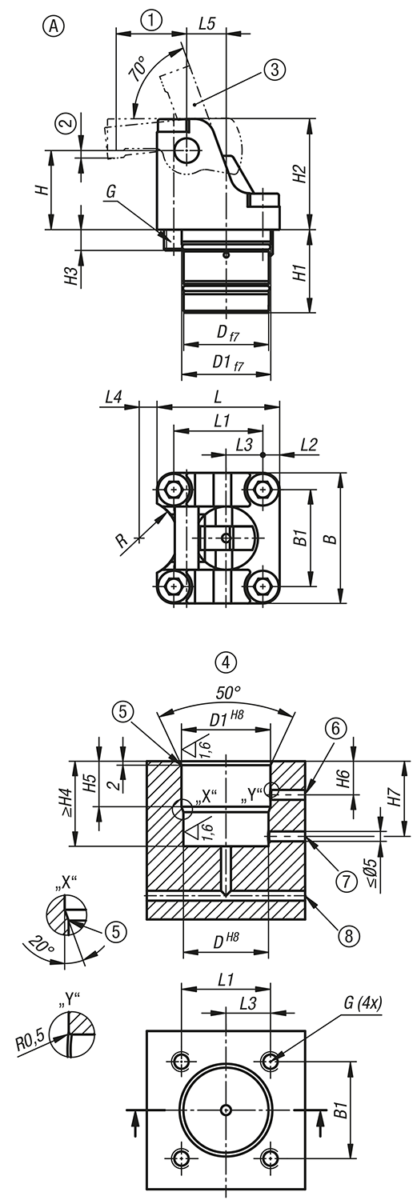 Vérin de bridage à levier rotatif hydraulique avec rappel par ressort, forme A, à double effet