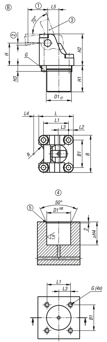 Vérin de bridage à levier rotatif hydraulique avec rappel par ressort, forme B, à simple effet