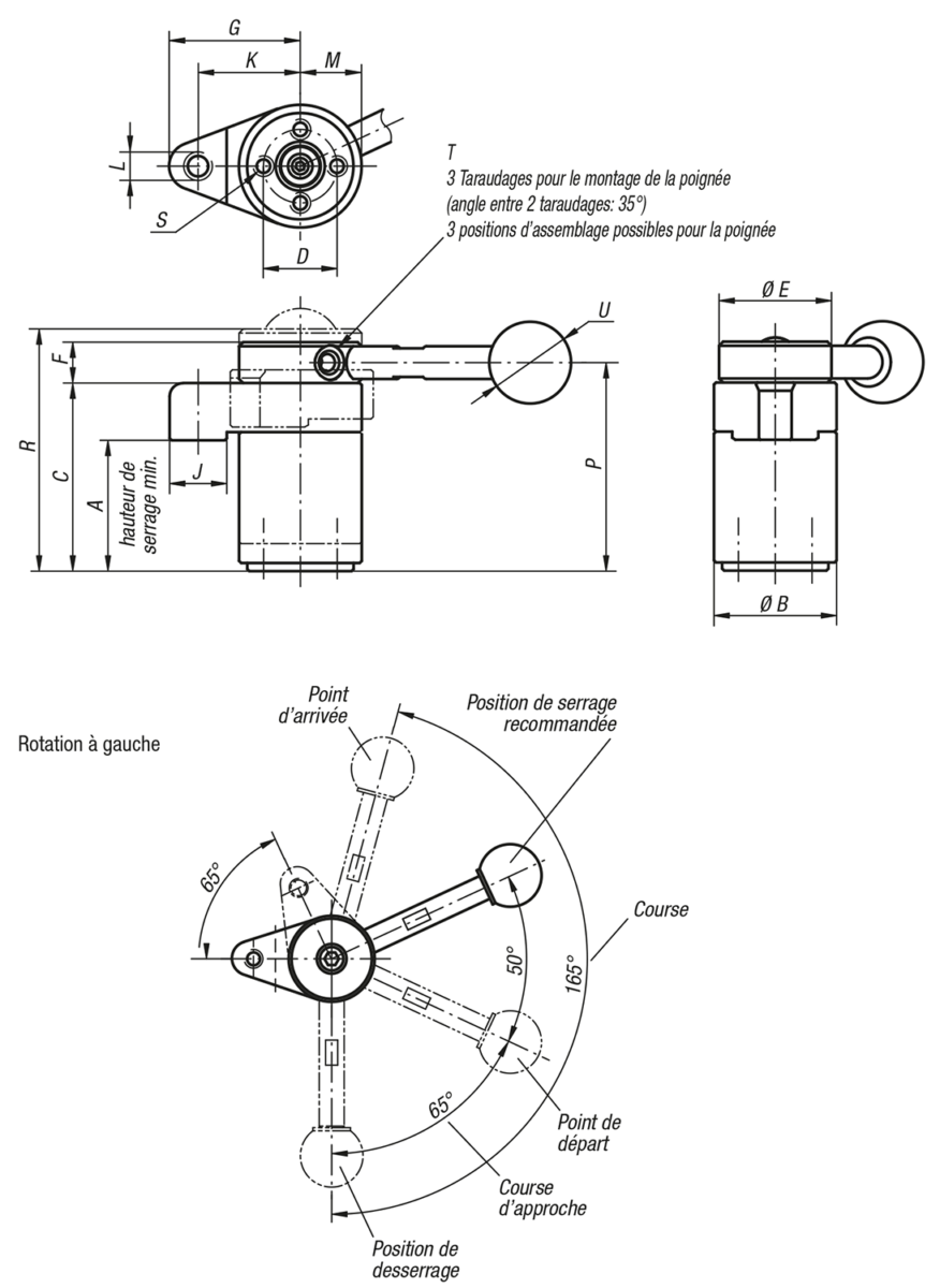 Ensemble de bridage pivotant, rotation à gauche