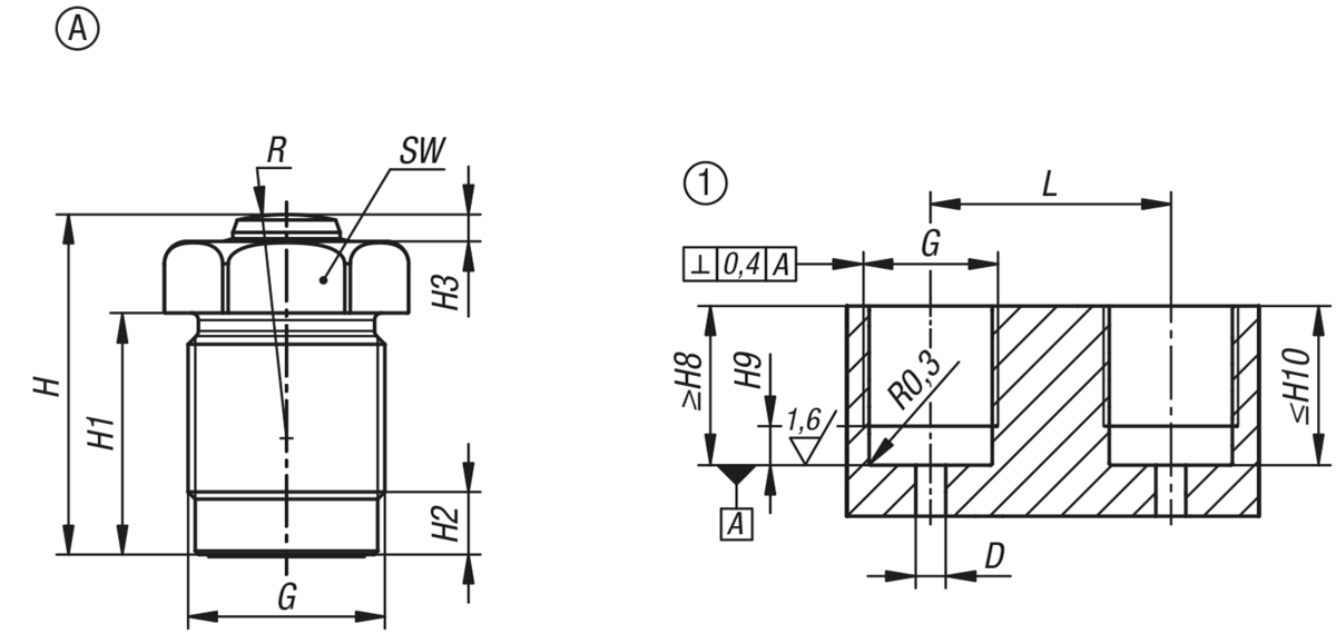 Vérin à visser hydraulique, à simple effet avec rappel par ressort, forme A