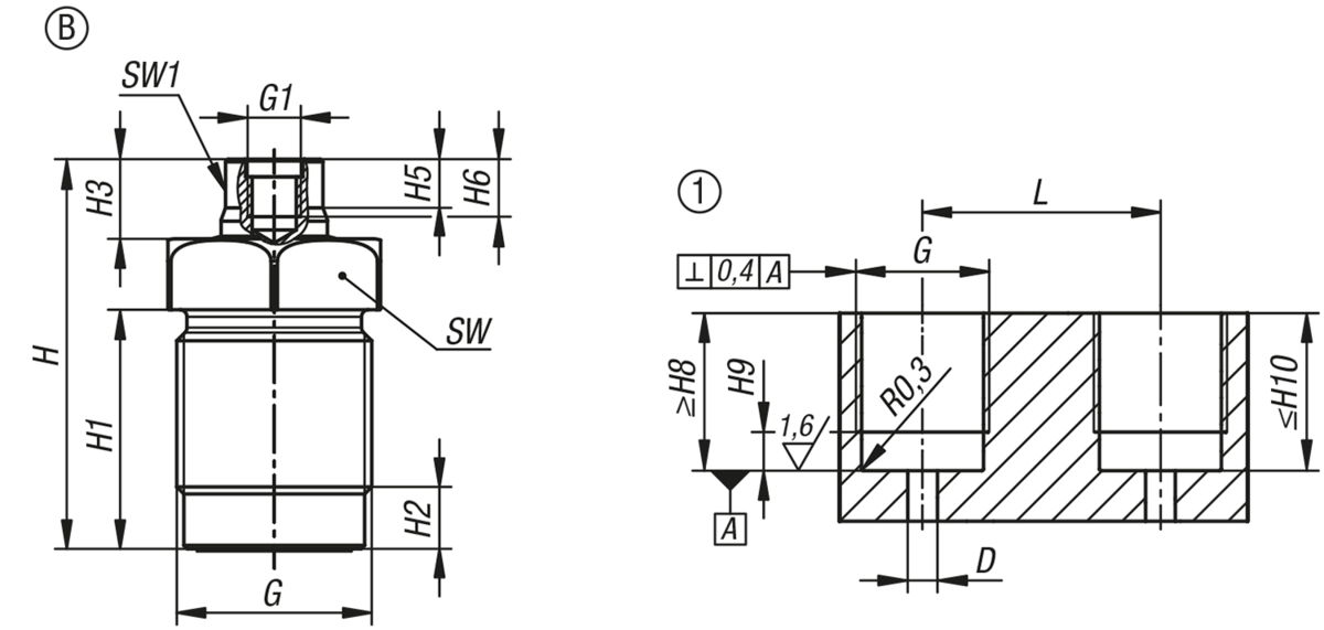 Vérin à visser hydraulique, à simple effet avec rappel par ressort, forme B