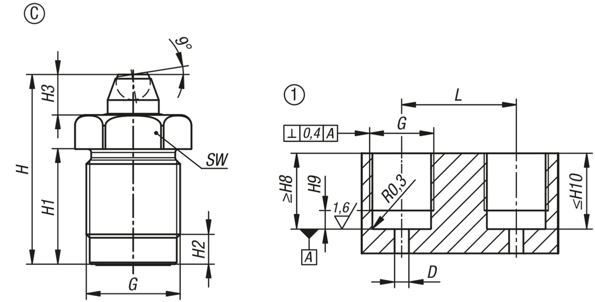 Vérin à visser hydraulique, à simple effet avec rappel par ressort, forme C