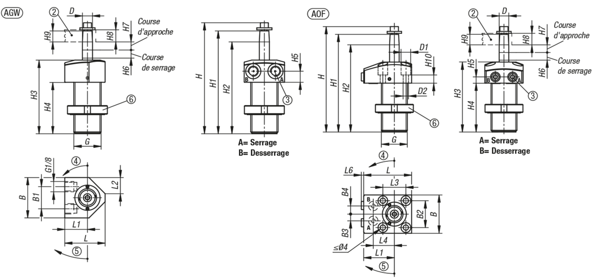 Vérin de bridage pivotant hydraulique compact, à double / simple effet avec rappel par ressort, forme A, bride en haut