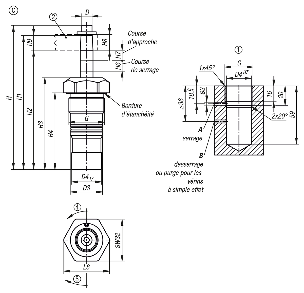 Vérin de bridage pivotant hydraulique compact à double / simple effet avec rappel par ressort