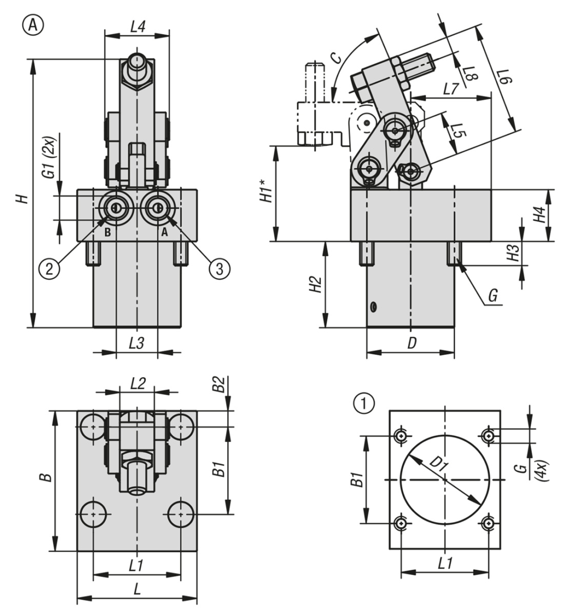 Vérin de bridage à levier hydraulique à double effet, forme A, raccord fileté