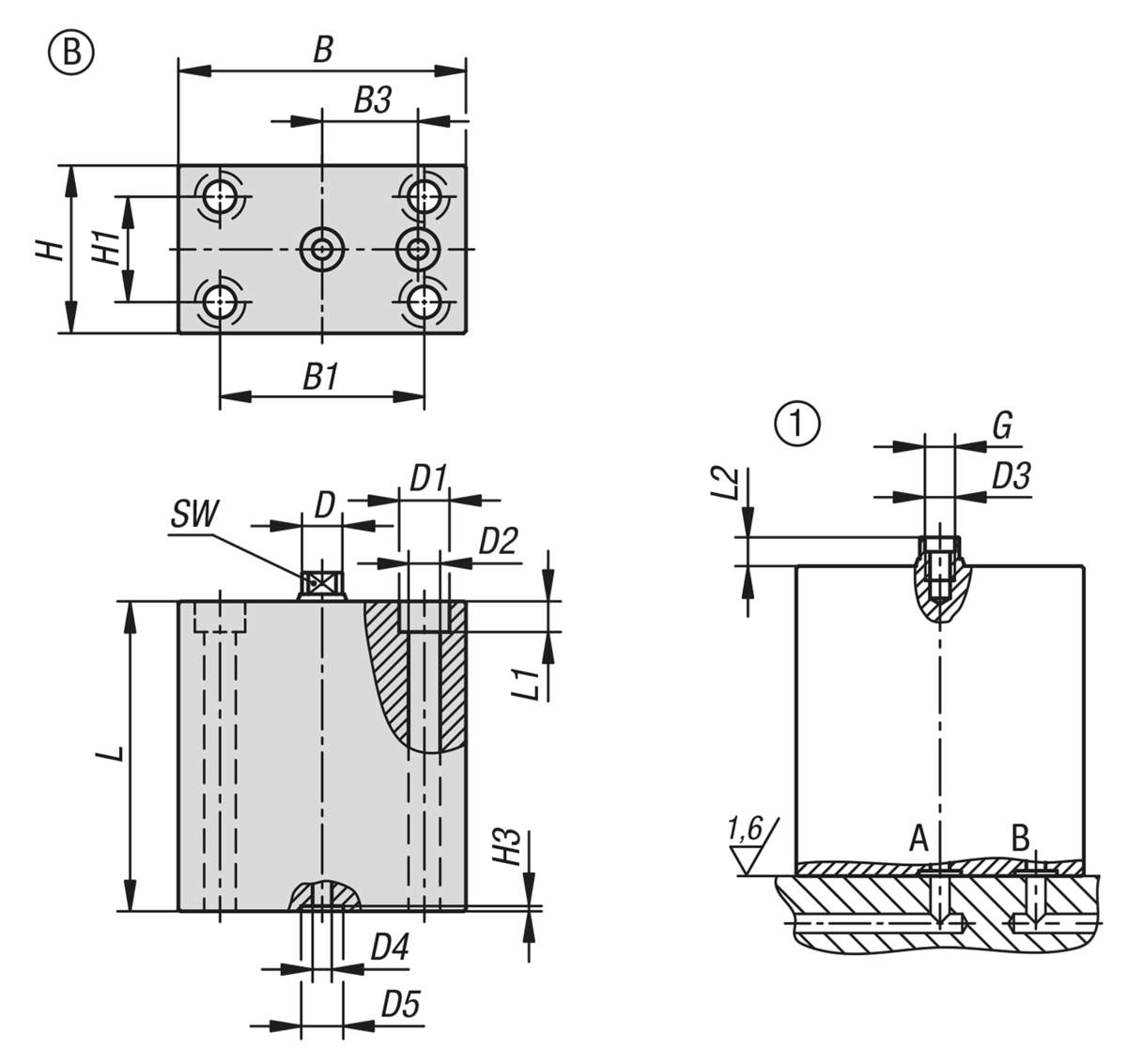 Vérin-bloc hydraulique avec racleur métallique à double / simple effet avec rappel par ressort, forme B