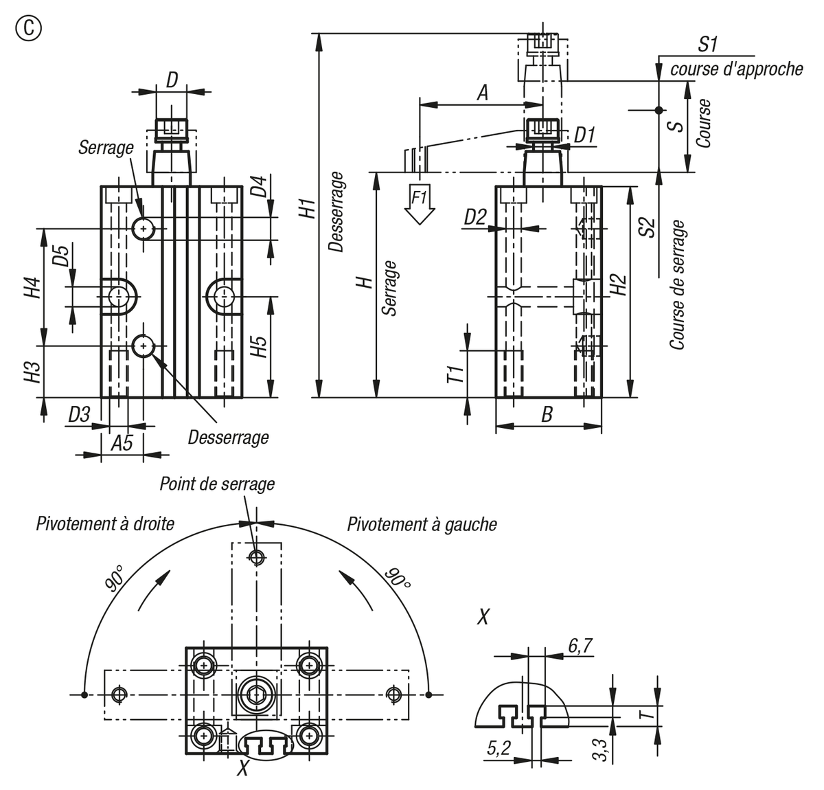 Vérin de bridage pivotant pneumatique