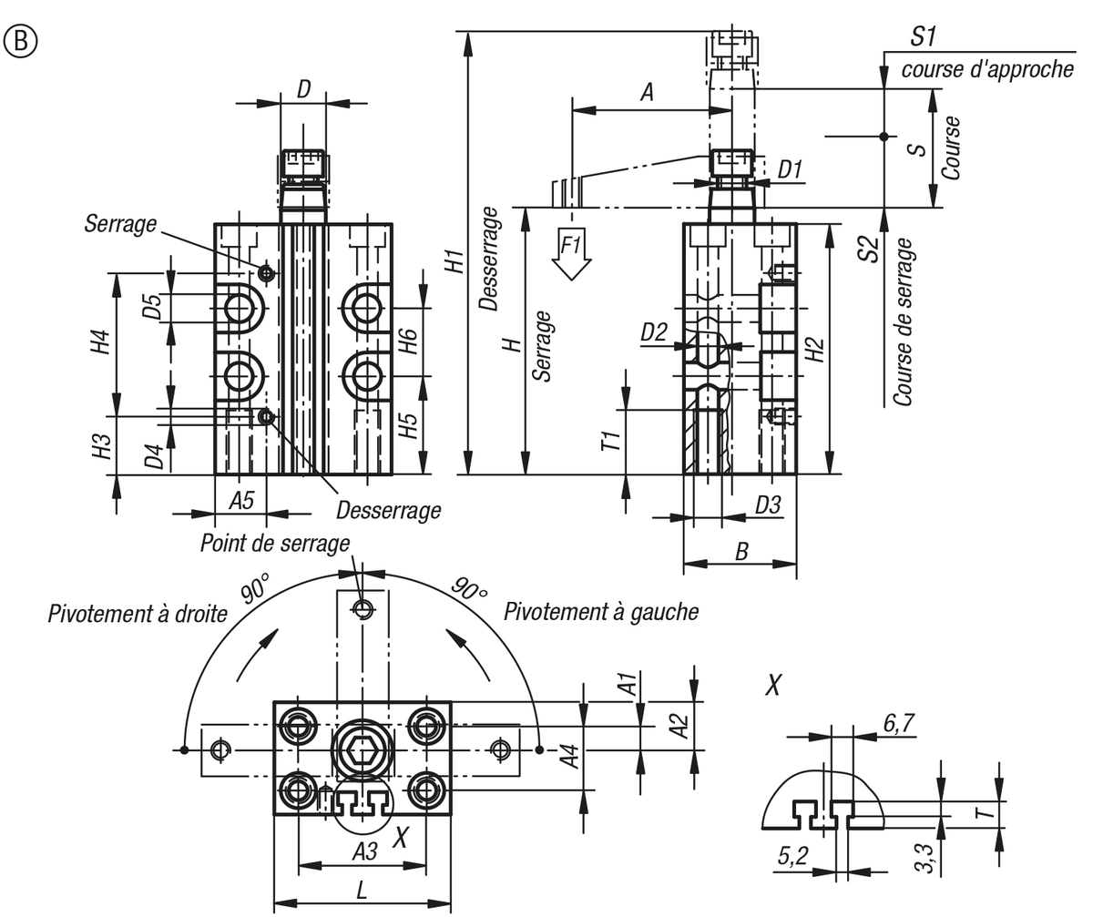 Vérin de bridage pivotant pneumatique, forme B