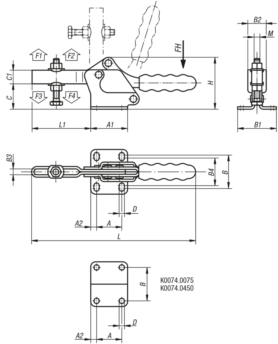 Sauterelle à levier horizontal avec embase horizontale et broche de pression réglable