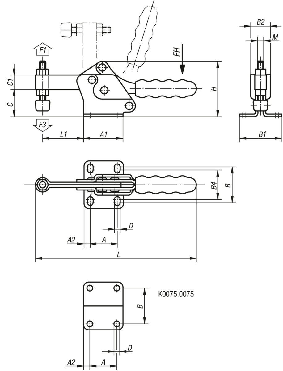 Sauterelle à levier horizontal avec embase horizontale et broche de pression fixe