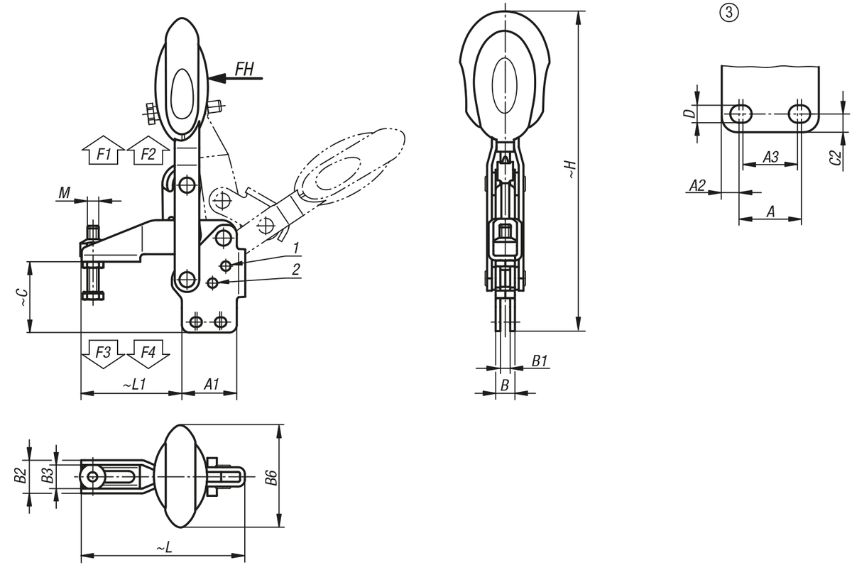 Sauterelle à levier vertical avec verrouillage de sécurité avec embase verticale et broche de pression réglable, Inox
