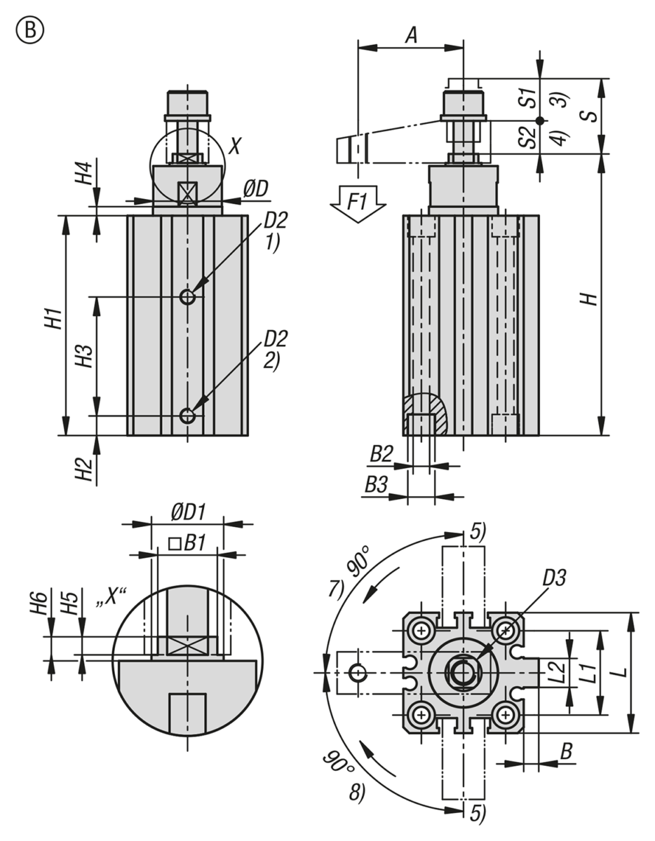 Vérin de bridage pivotant pneumatique
corps monobloc, forme B