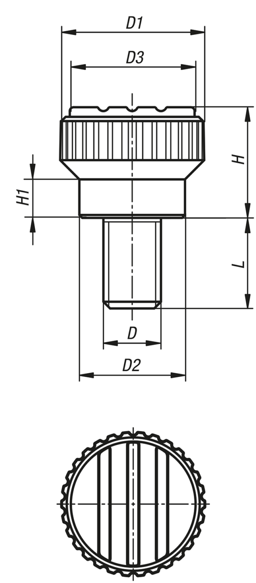 Bouton strié avec filetage 