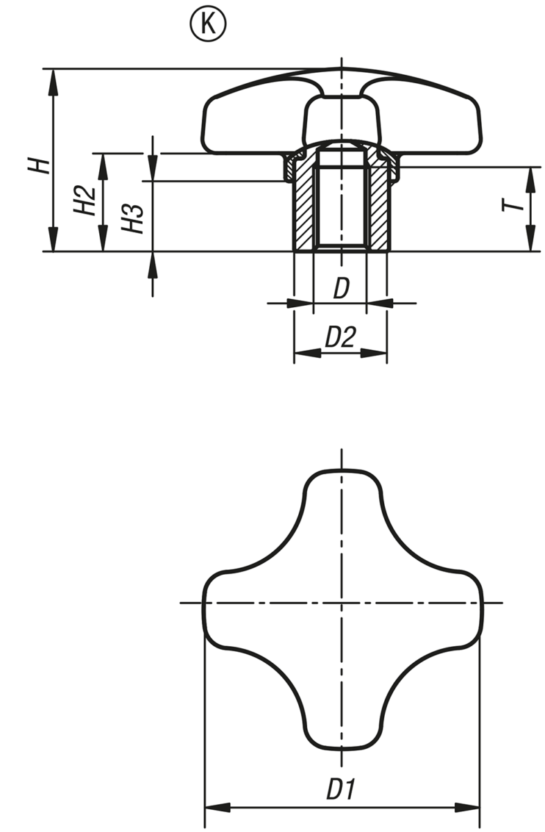 Poignées croisillon en plastique avec douille en acier saillante, forme K : douille taraudée