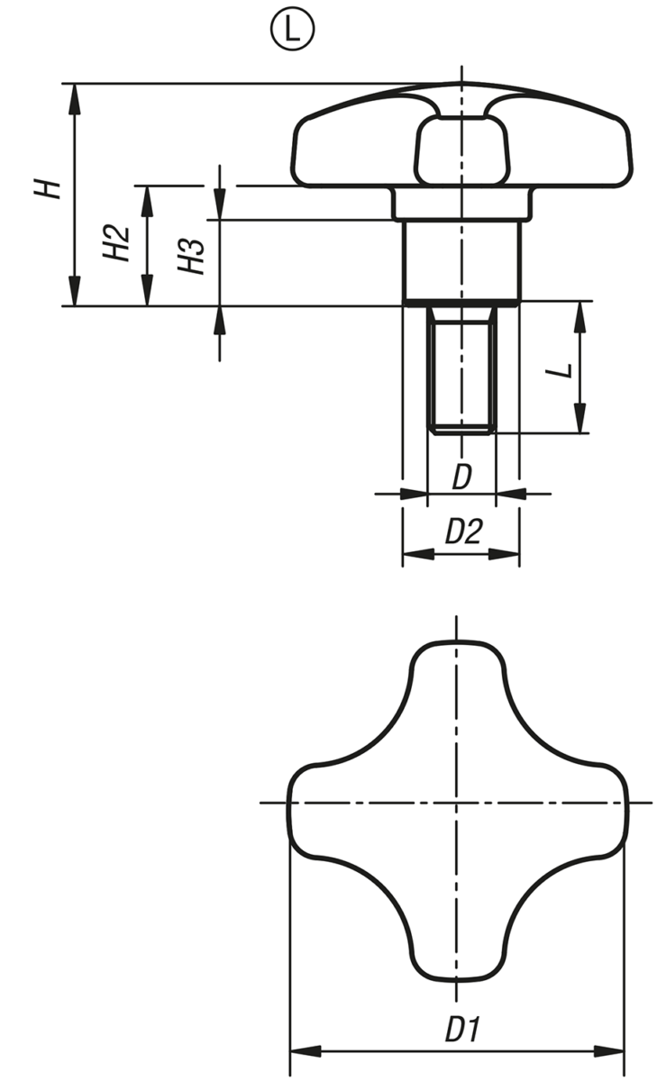 Poignées croisillon en plastique détectables par métal avec douille en acier saillante, forme L : filetage