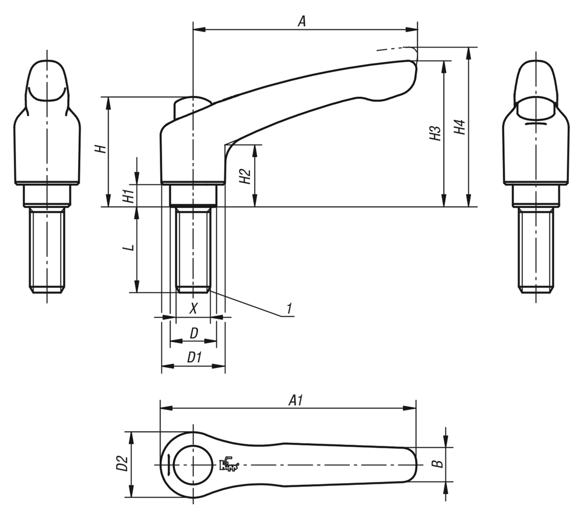 Manette indexable en inox avec filetage et bouchon de protection, insert fileté en inox