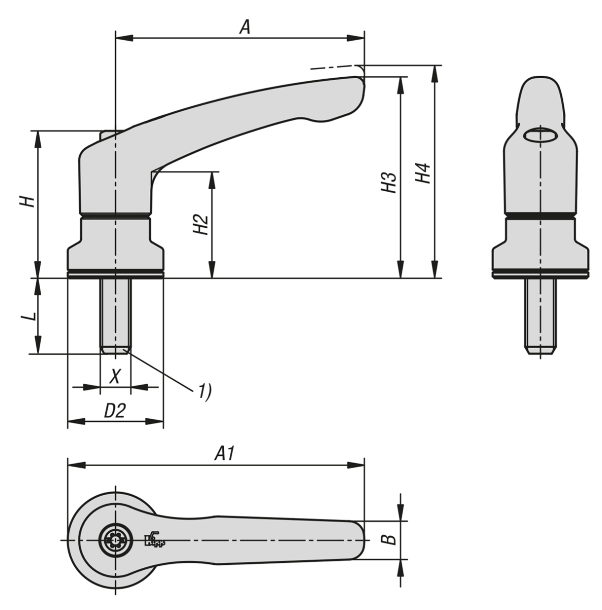 Manette indexable en zinc injecté haute pression avec filetage et palier anti-friction, insert fileté en inox