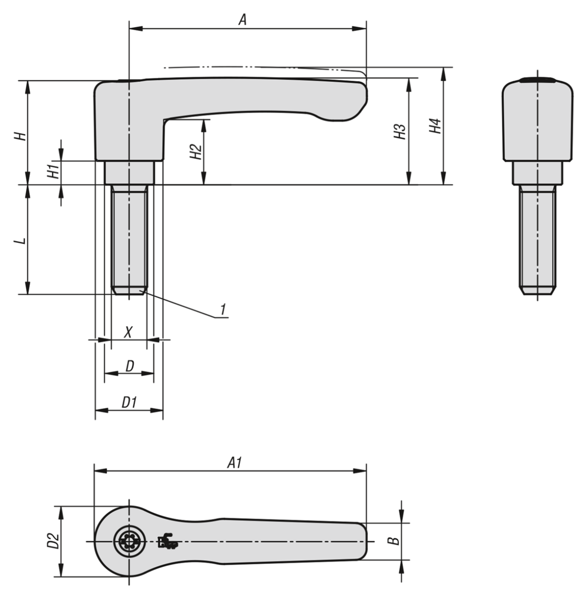 Manette indexable en zinc injecté haute pression plate avec filetage, insert fileté en acier bruni