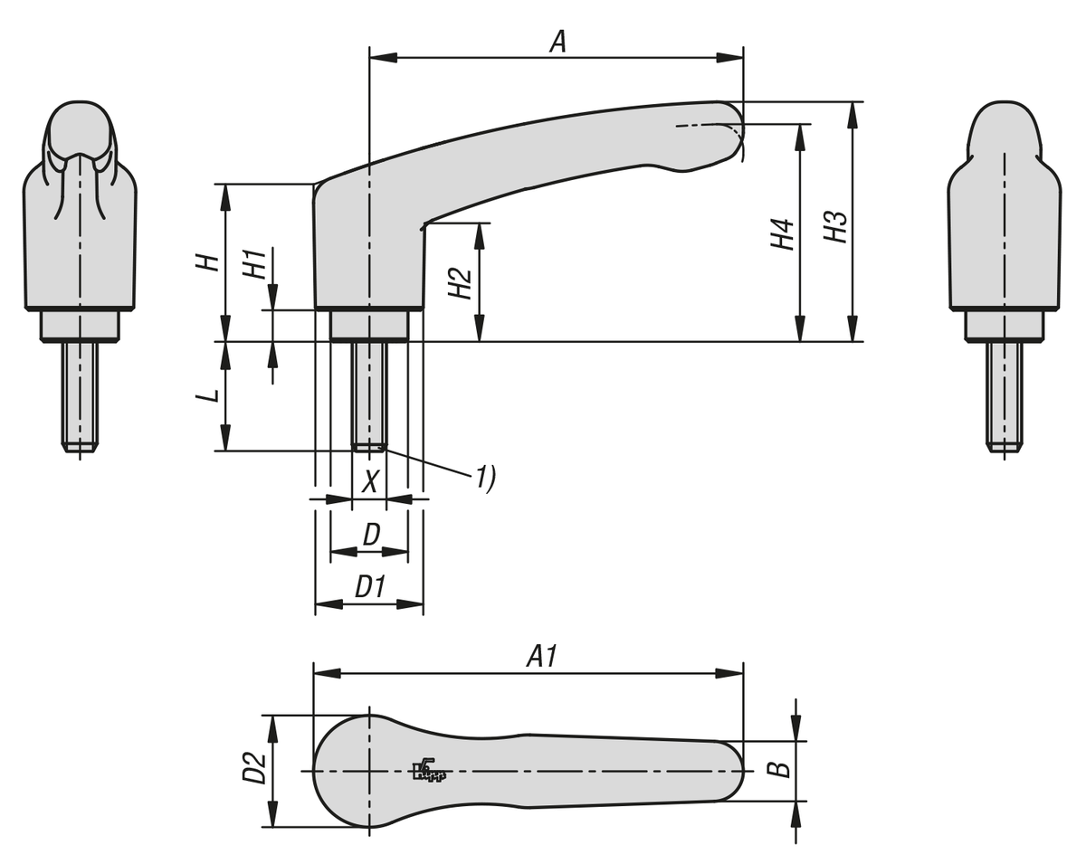 Manette indexable en plastique détectable visuellement avec filetage