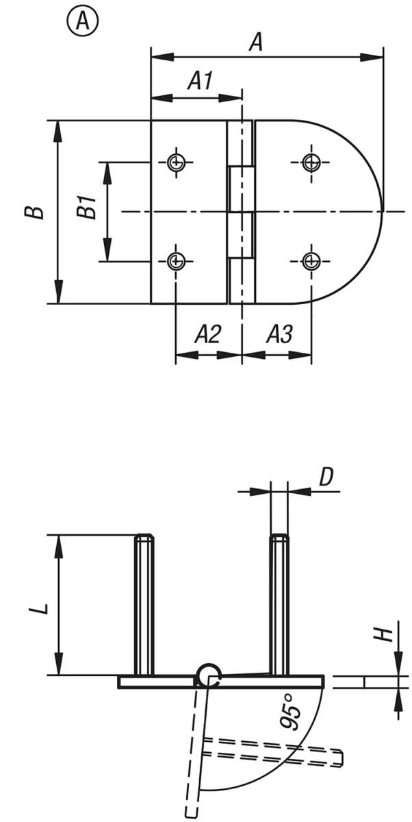 Charnières en inox 
avec vis de fixation, forme A